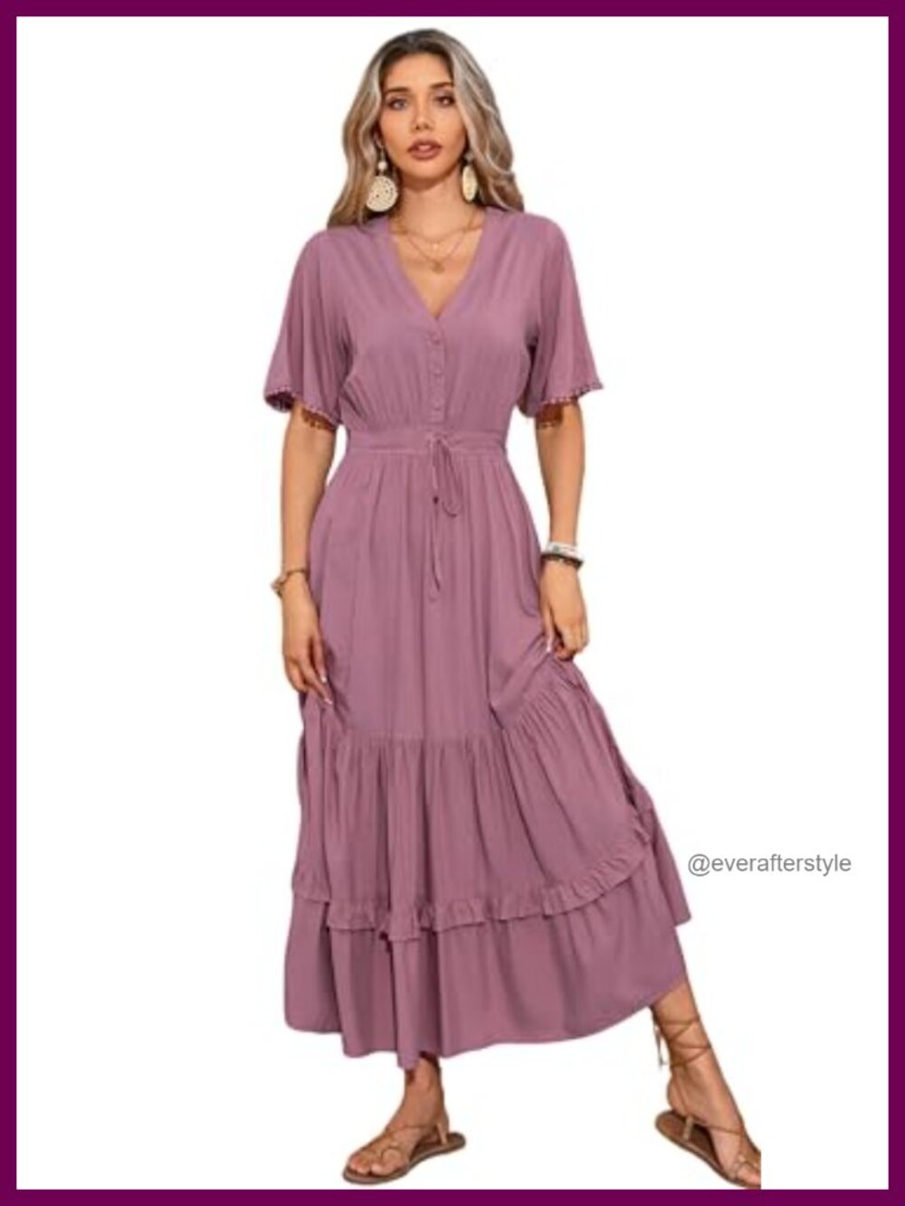Rayon Cotton Boho Floral Midi Dress Ruffle Hem V-Neck Short Sleeve